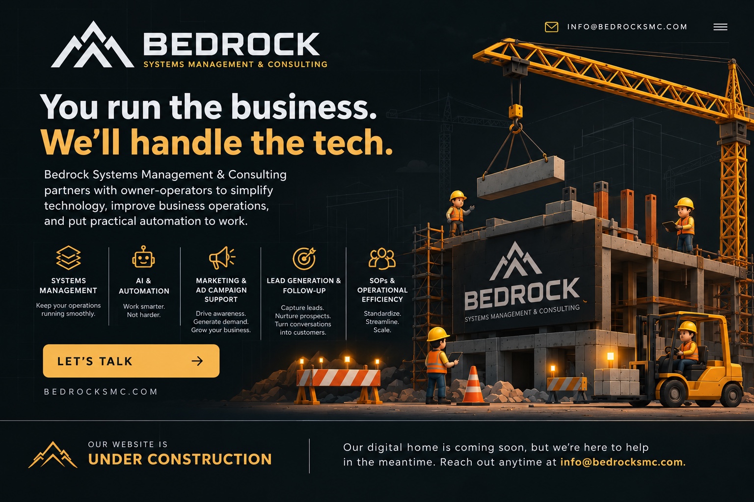 Bedrock Systems Management & Consulting landing page featuring the message You run the business. We'll handle the tech., service offerings, and a detailed construction-site illustration.